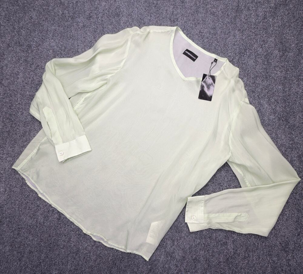 Emporio Armani Women's Sheer Blouse Size M Green Stripe Cupro V Neck NWT NEW